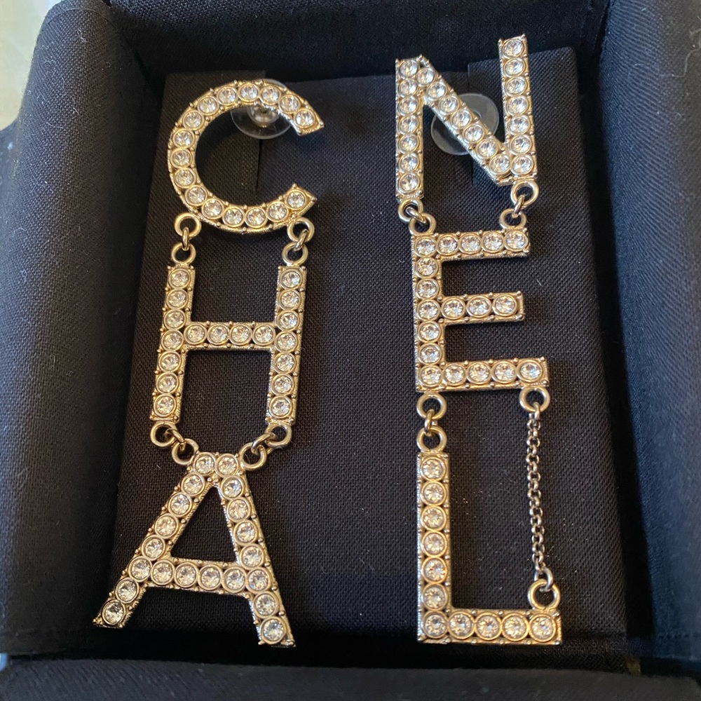 Authentic CHANEL logo gold & crystal earrings